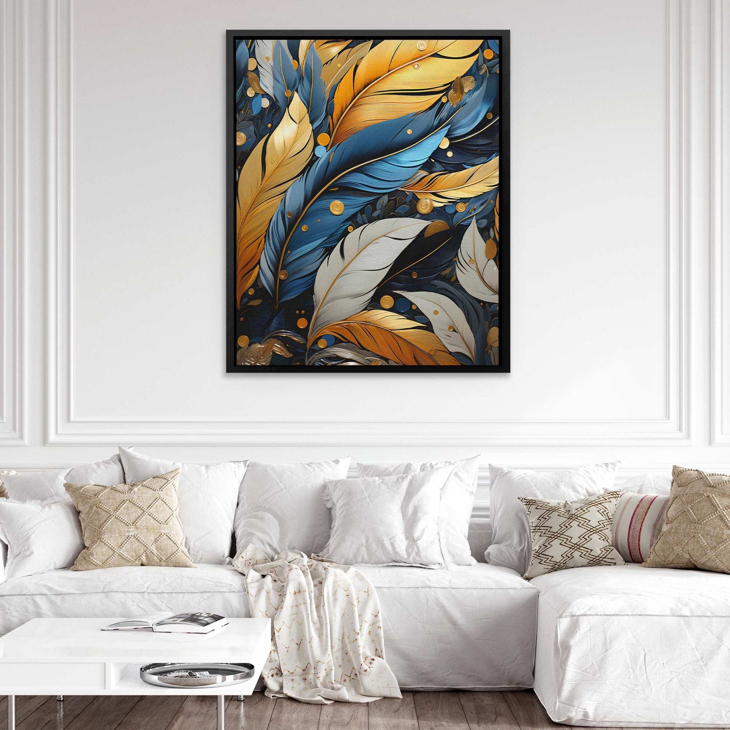 Cobalt Radiance - Feathers Wall Art in Black Frame