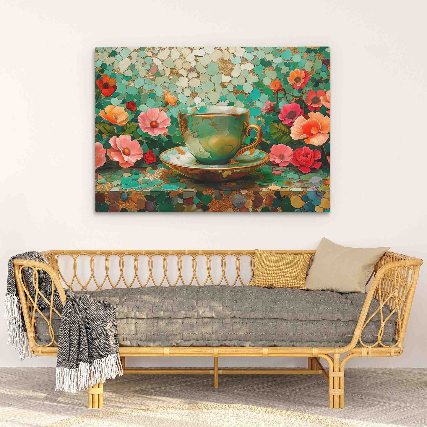 Coffee and Florals - Green Canvas Wall Art