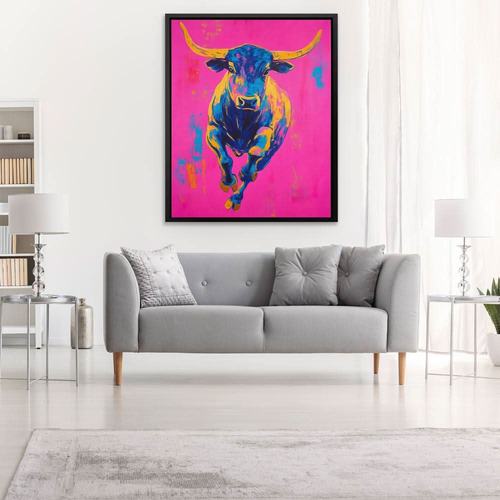 Color Burst Bull - Magenta Wall Art in Black Frame
