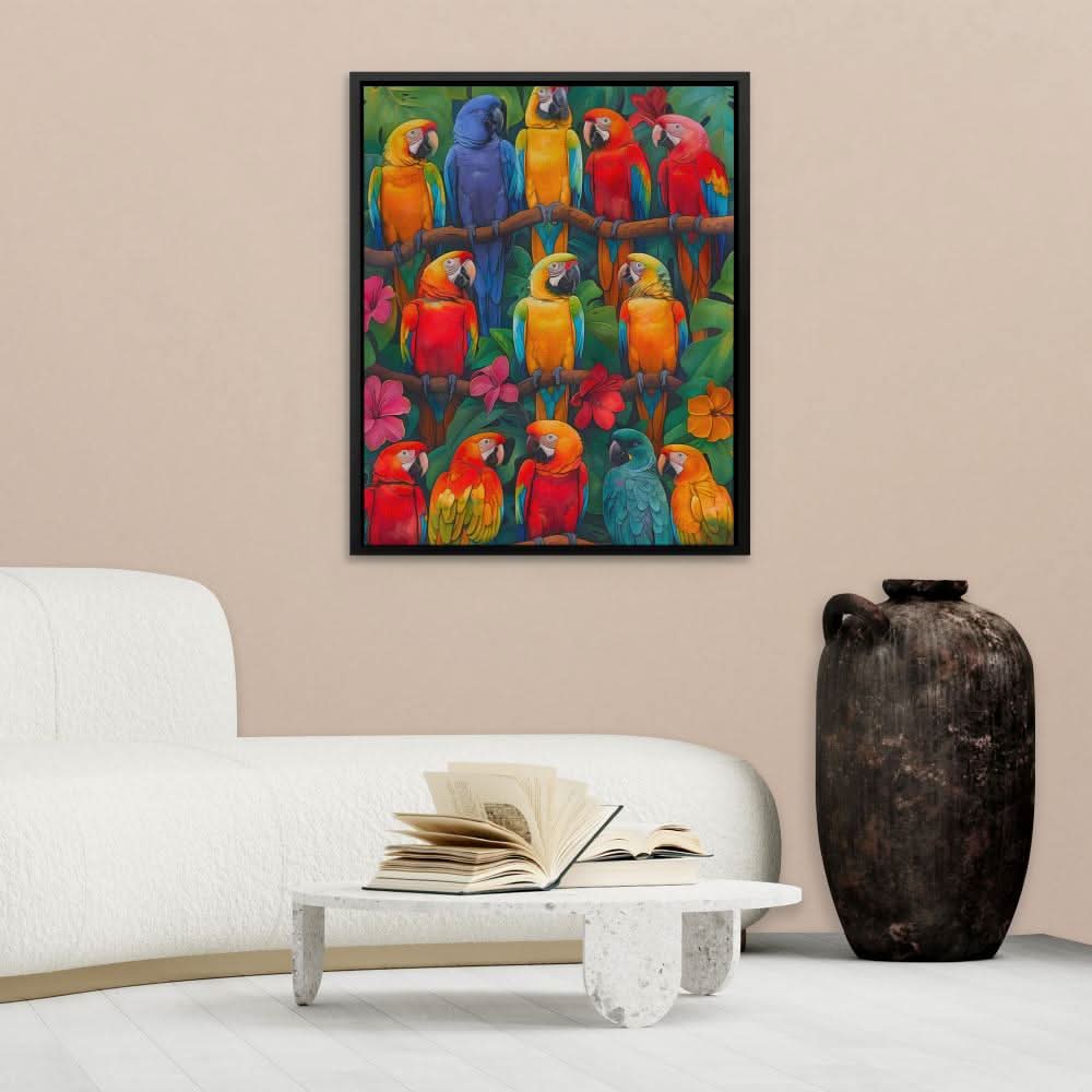 Colorful Parrots - Bird Wall Art in Black Frame