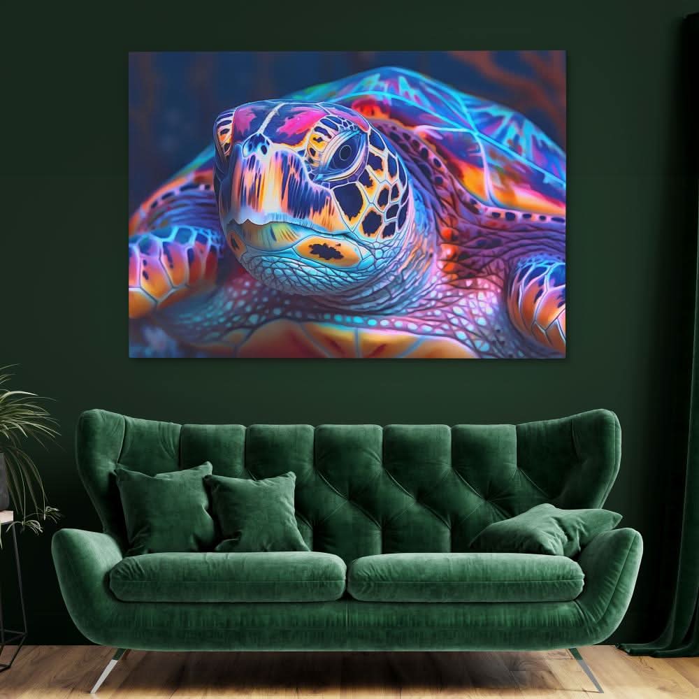 Colorful Turtle - Psychedelic Blue Canvas Wall Art