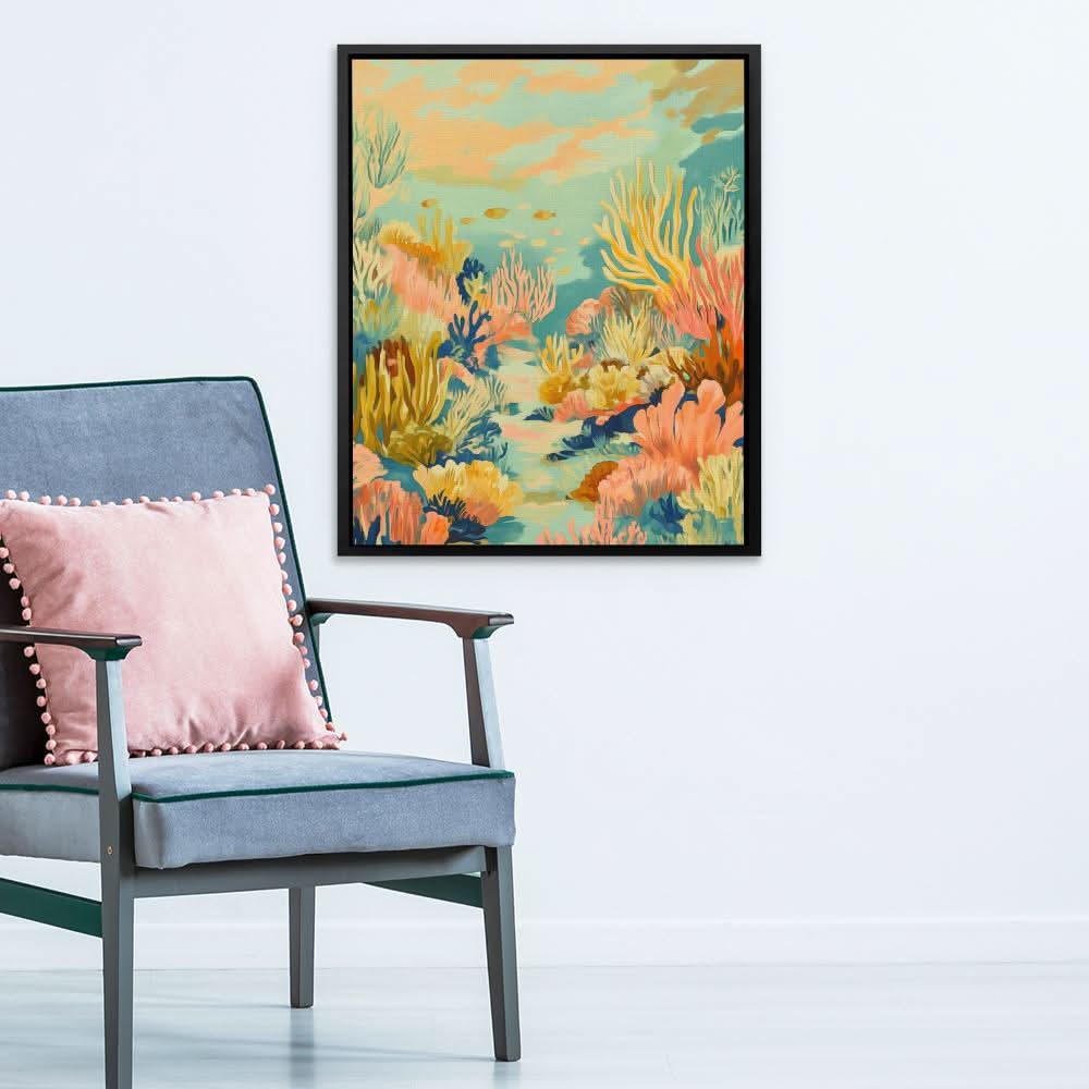 Coral Reef Sanctuary - Coral Wall Art in Black Frame