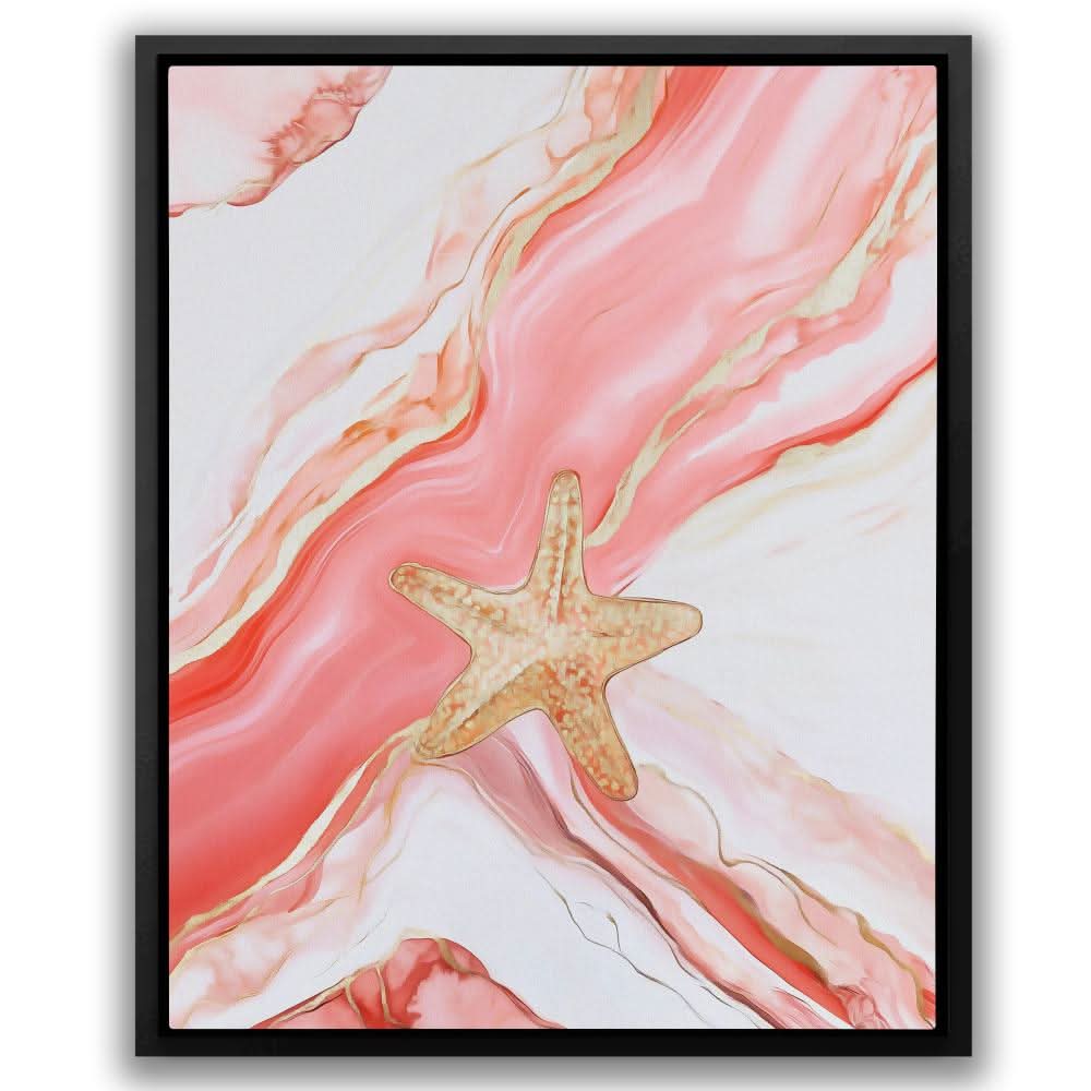 Coral Waves and Starfish - Playful Wall Art in Black Frame