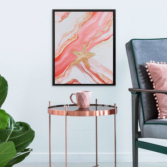 Coral Waves and Starfish - Contemporary Wall Art in Black Frame