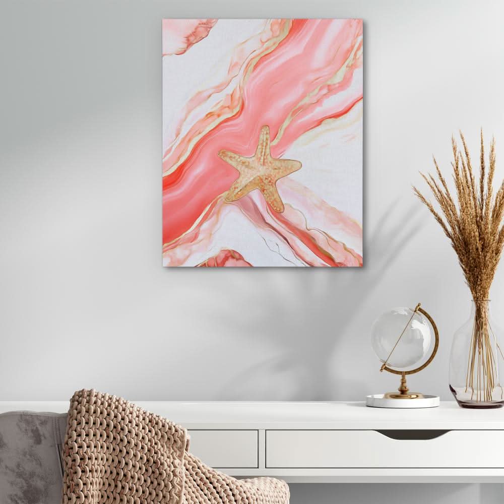 Coral Waves and Starfish - Beach House Art for Bathroom