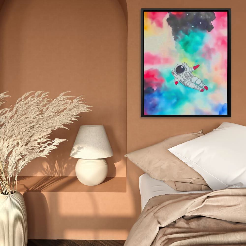 Cosmic Astronaut Drift - Modern Wall Art in Black Frame