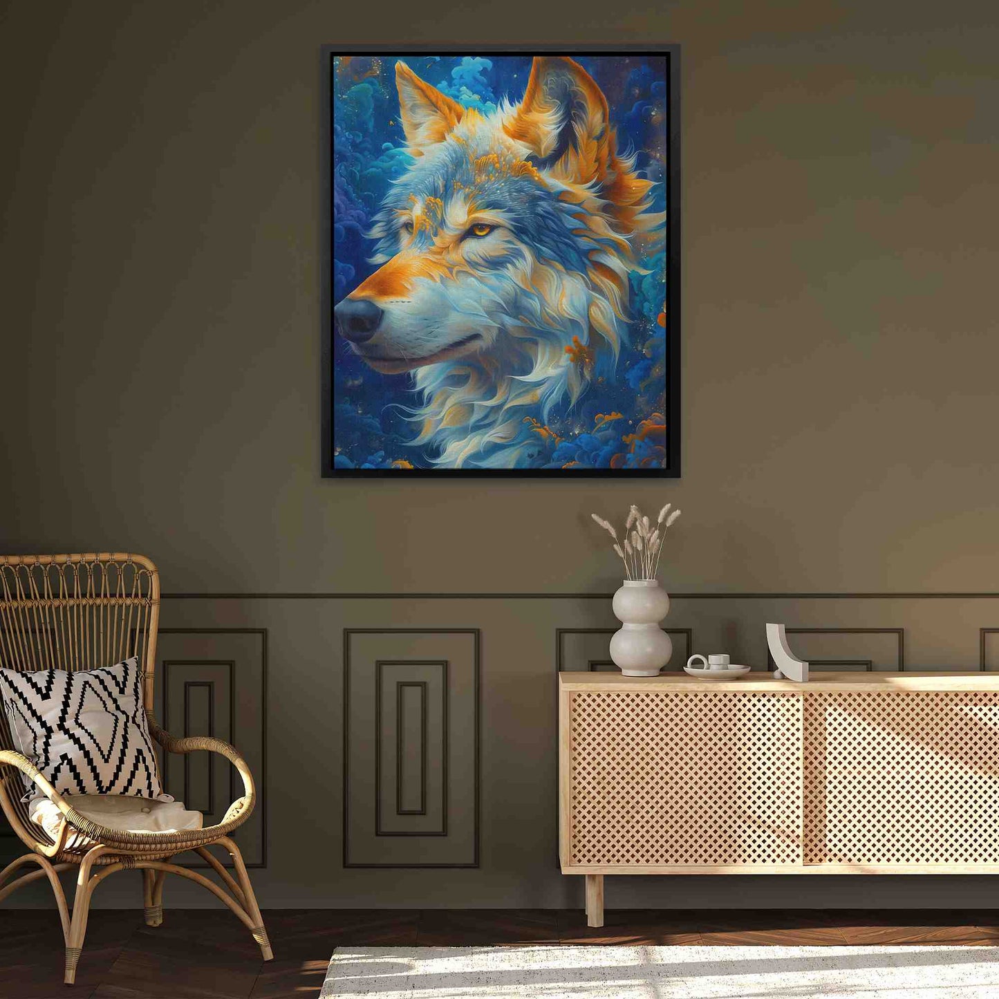 Cosmic Ears - Blue and Gold Wall Art in Black Frame