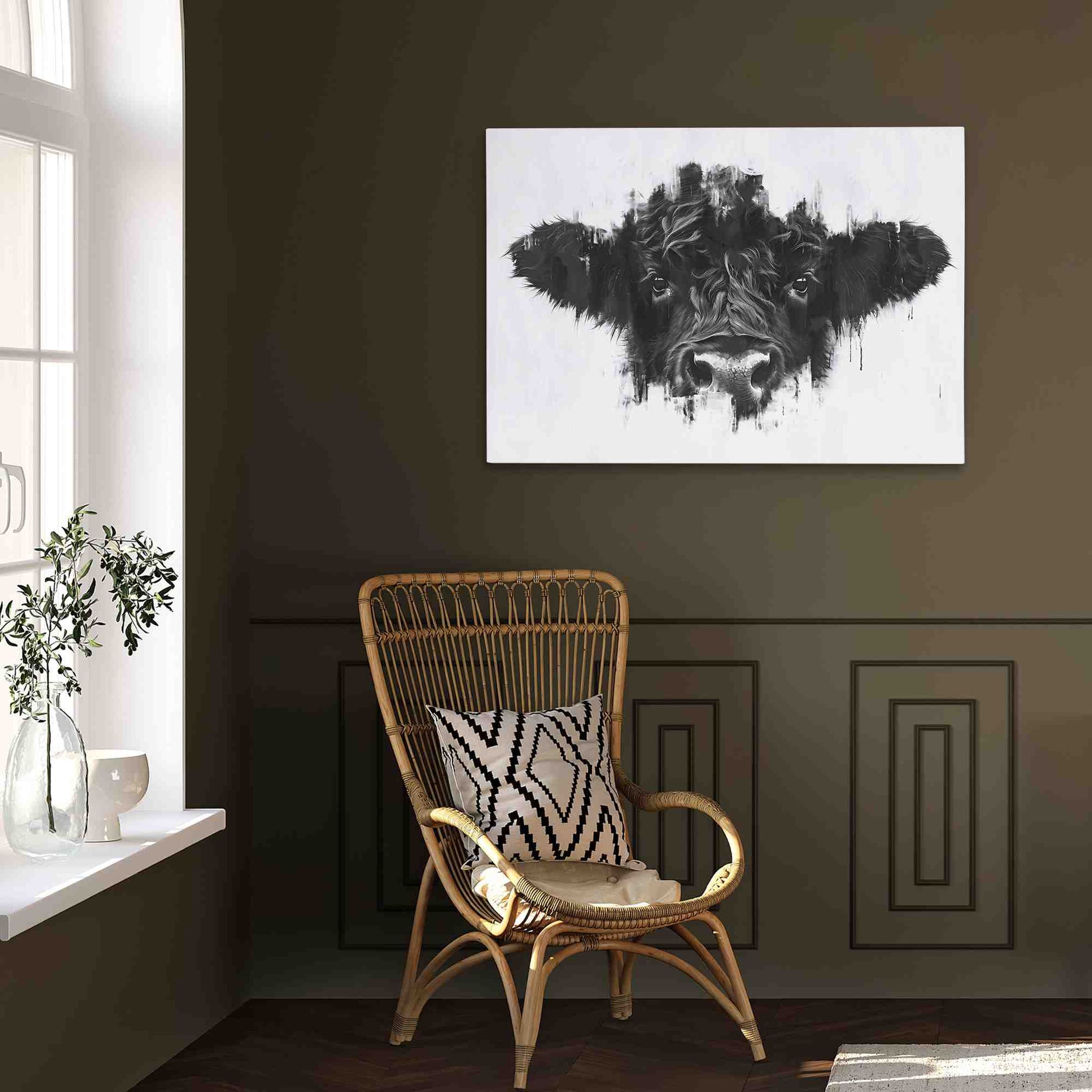 Cow Face - Black and White Wall Art in Black Frame