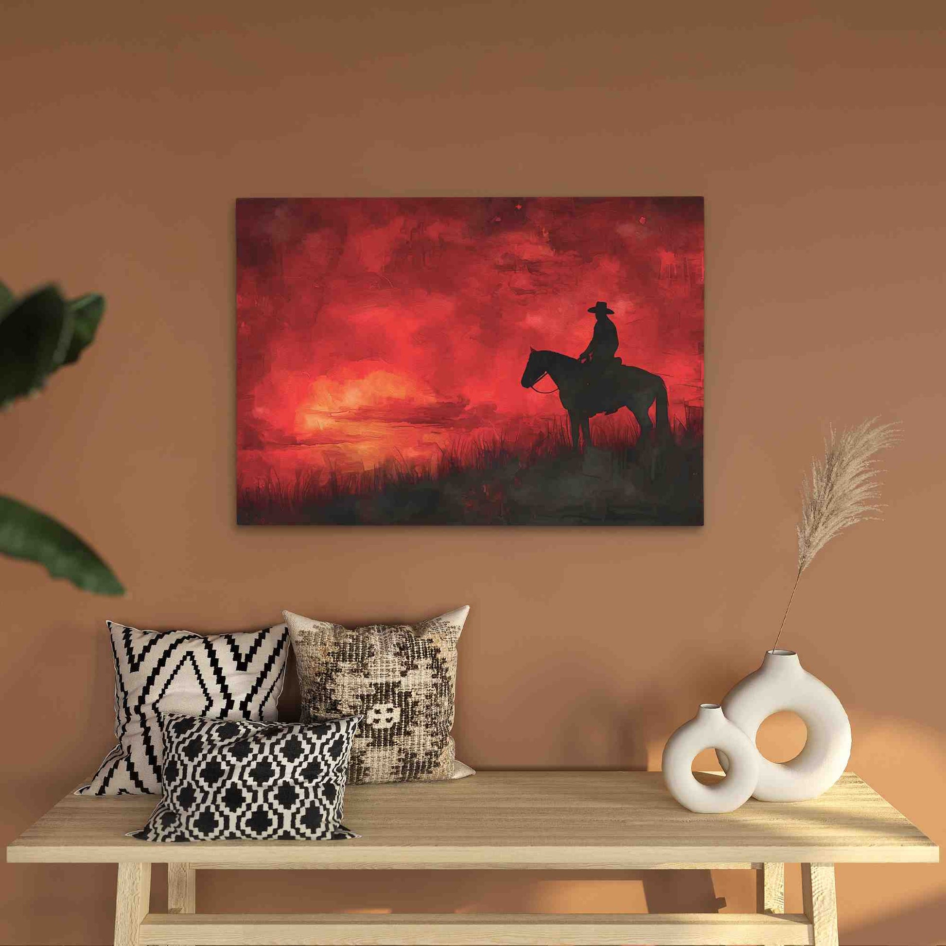 Cowboy Sunrise - Crimson Wall Art in Black Frame