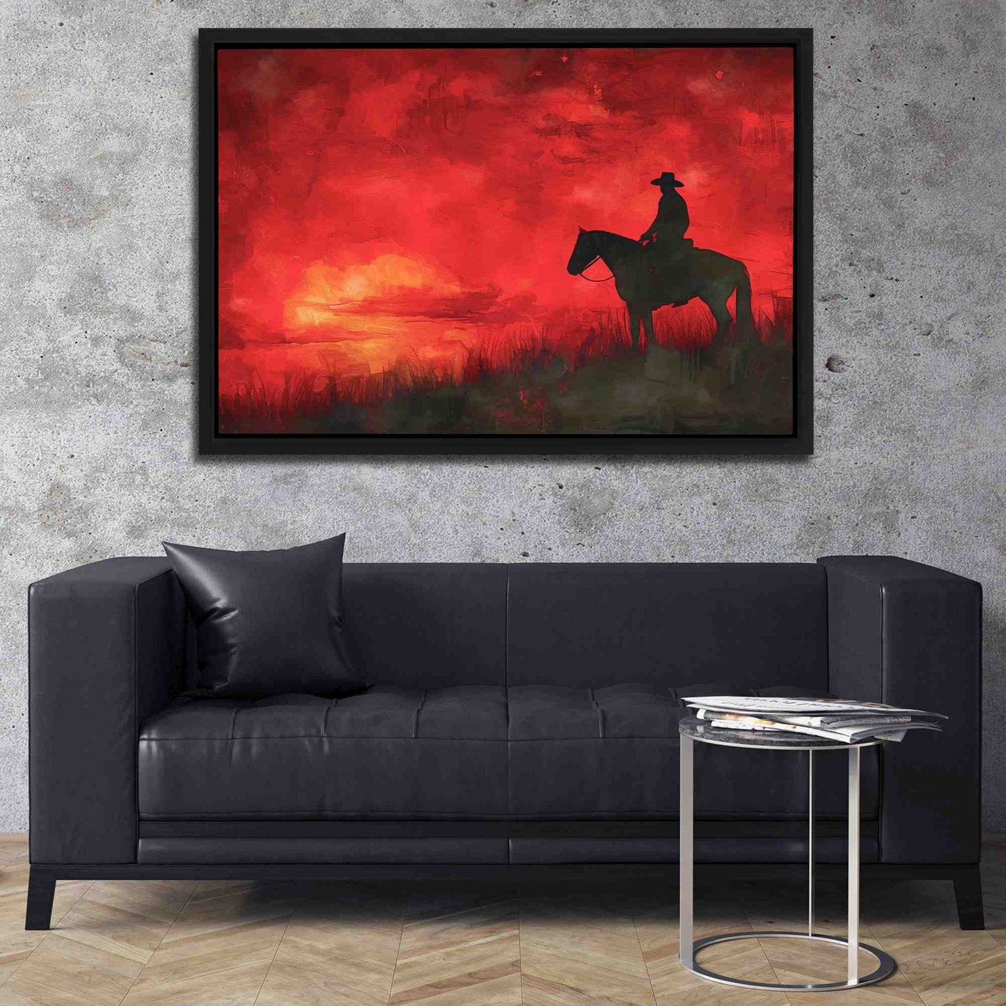 Cowboy Sunrise - Black Canvas Wall Art