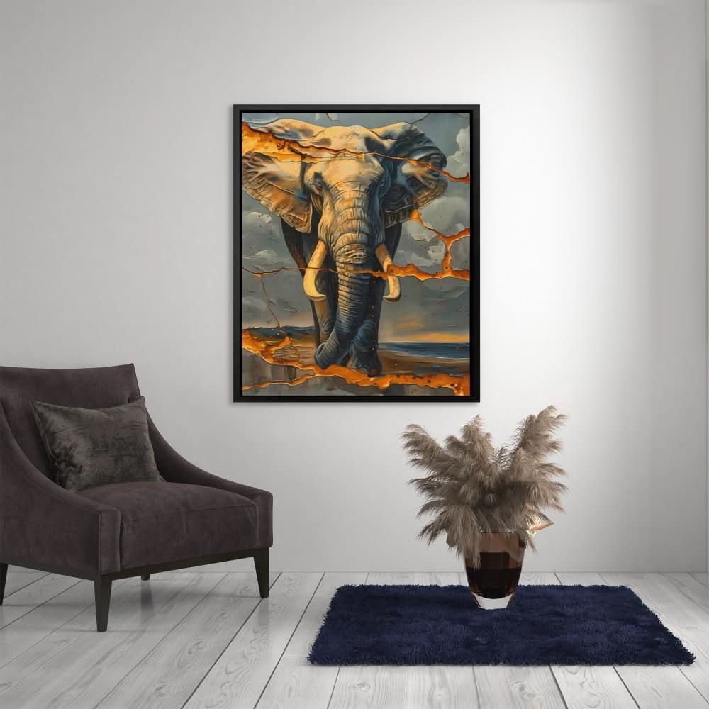 Cracked Elephant - Black and Gold Wall Art for Living Room