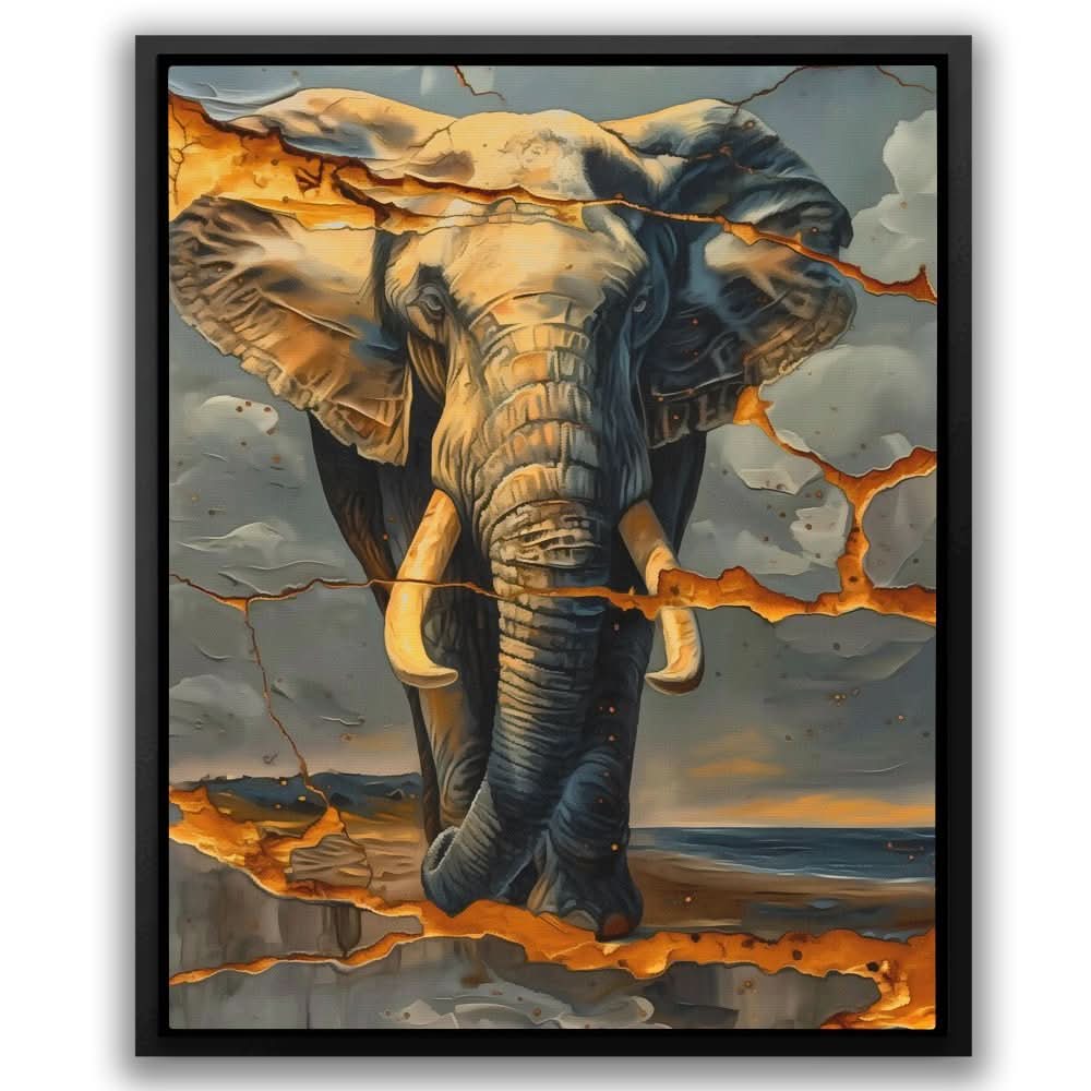 Cracked Elephant - Black and Gold Elephant Canvas Print