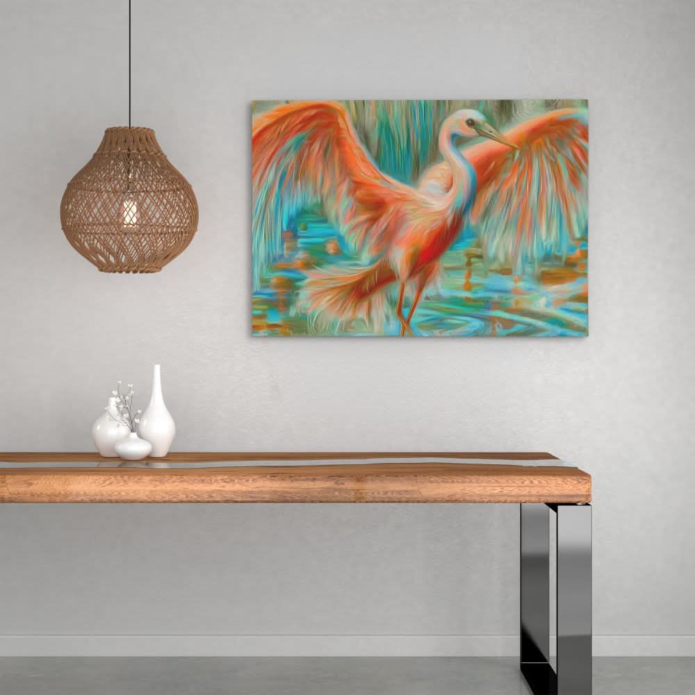 Crane in Vibrant Colors - Contemporary Wall Art in Black Frame