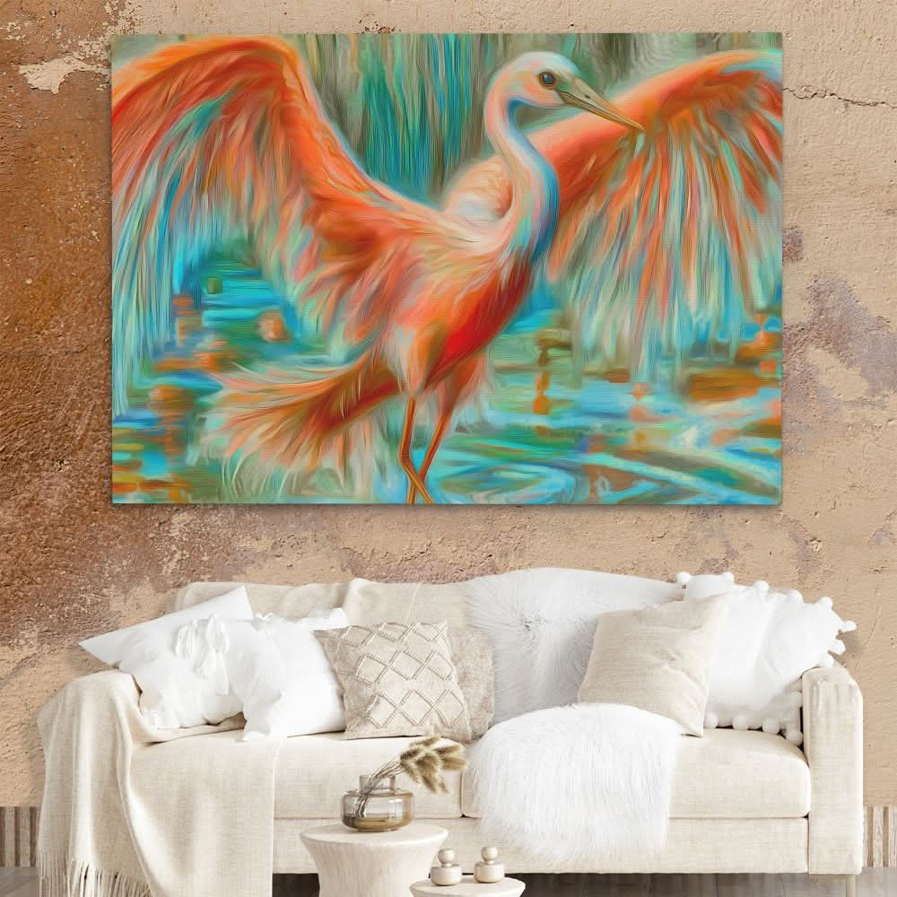 Crane in Vibrant Colors - Bird Wall Art in Black Frame