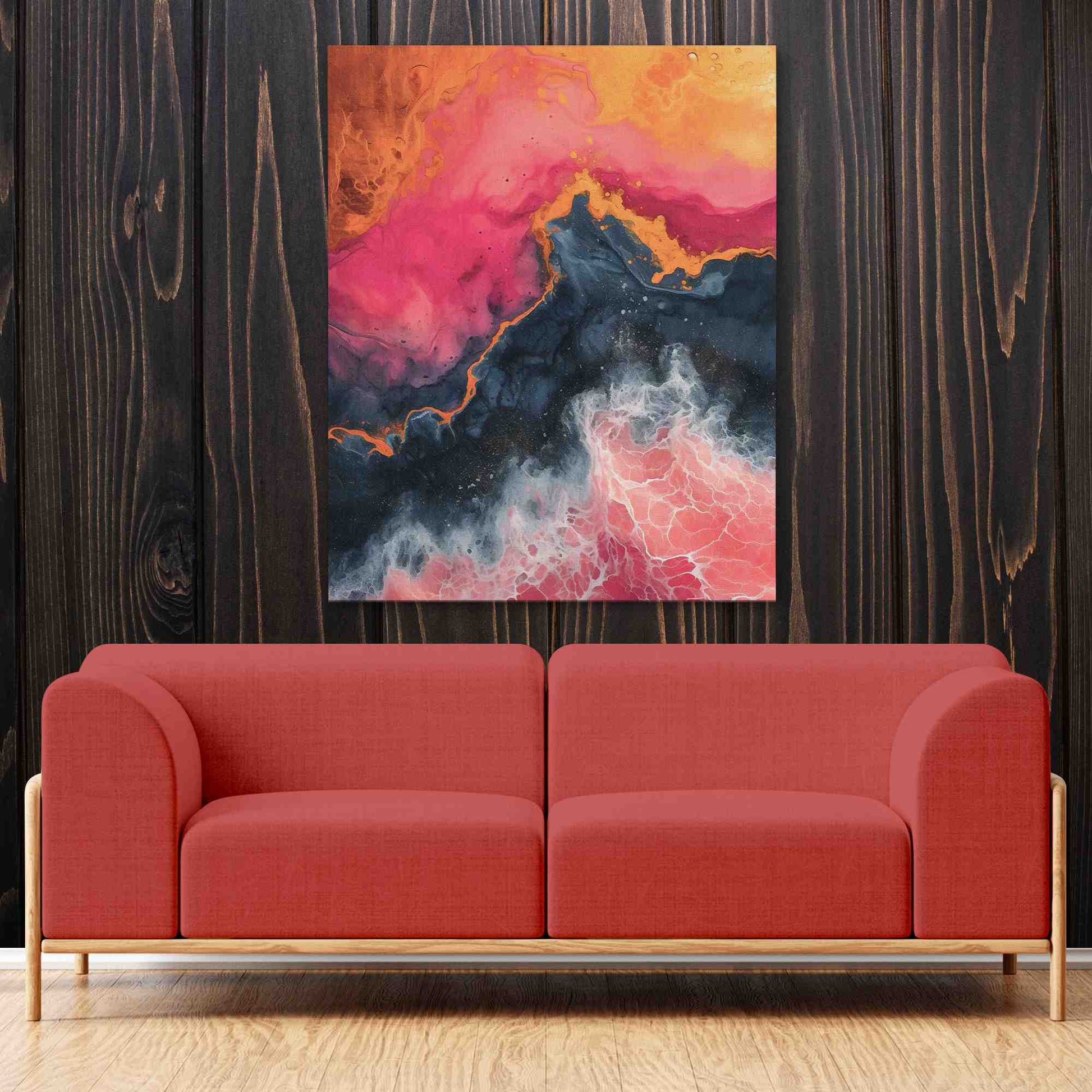 Crashing Pink Waves - Abstract Wall Art in Black Frame