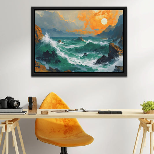Crashing Sunset Waves - Wall Art in Black Frame