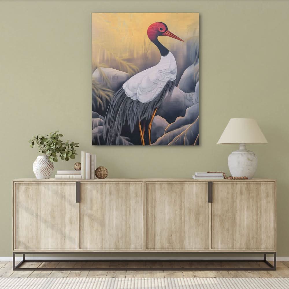 Crimson Crane - Black and White Wall Art in Black Frame