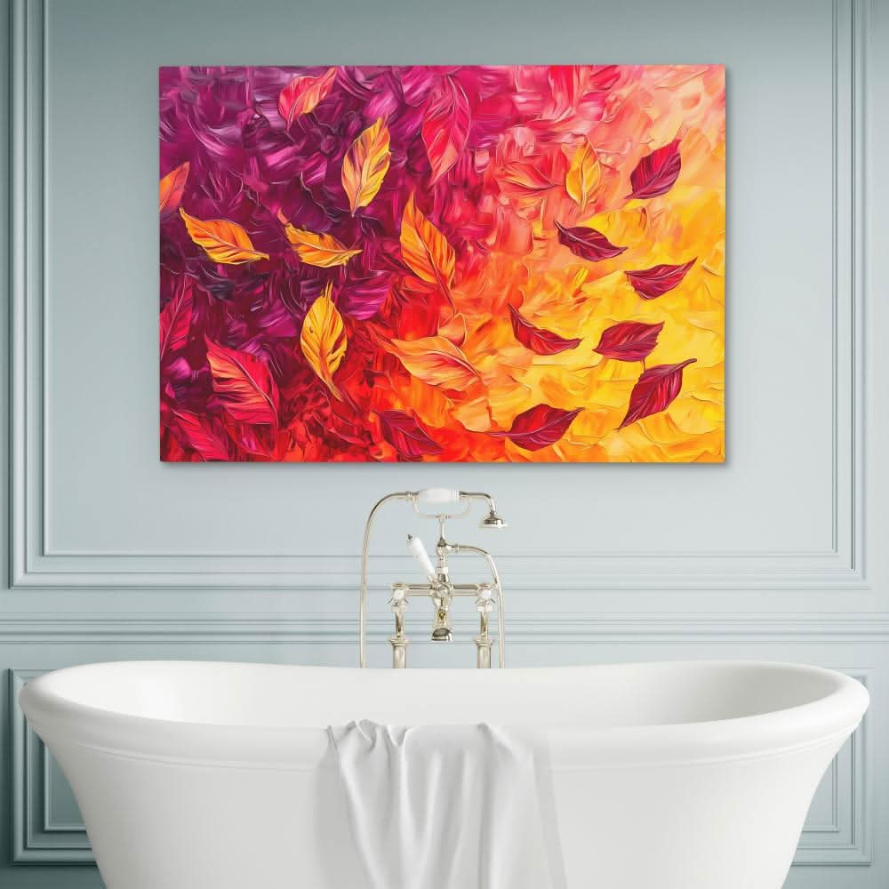 Crimson & Gold Leaves - Red and Black Wall Art in Black Frame