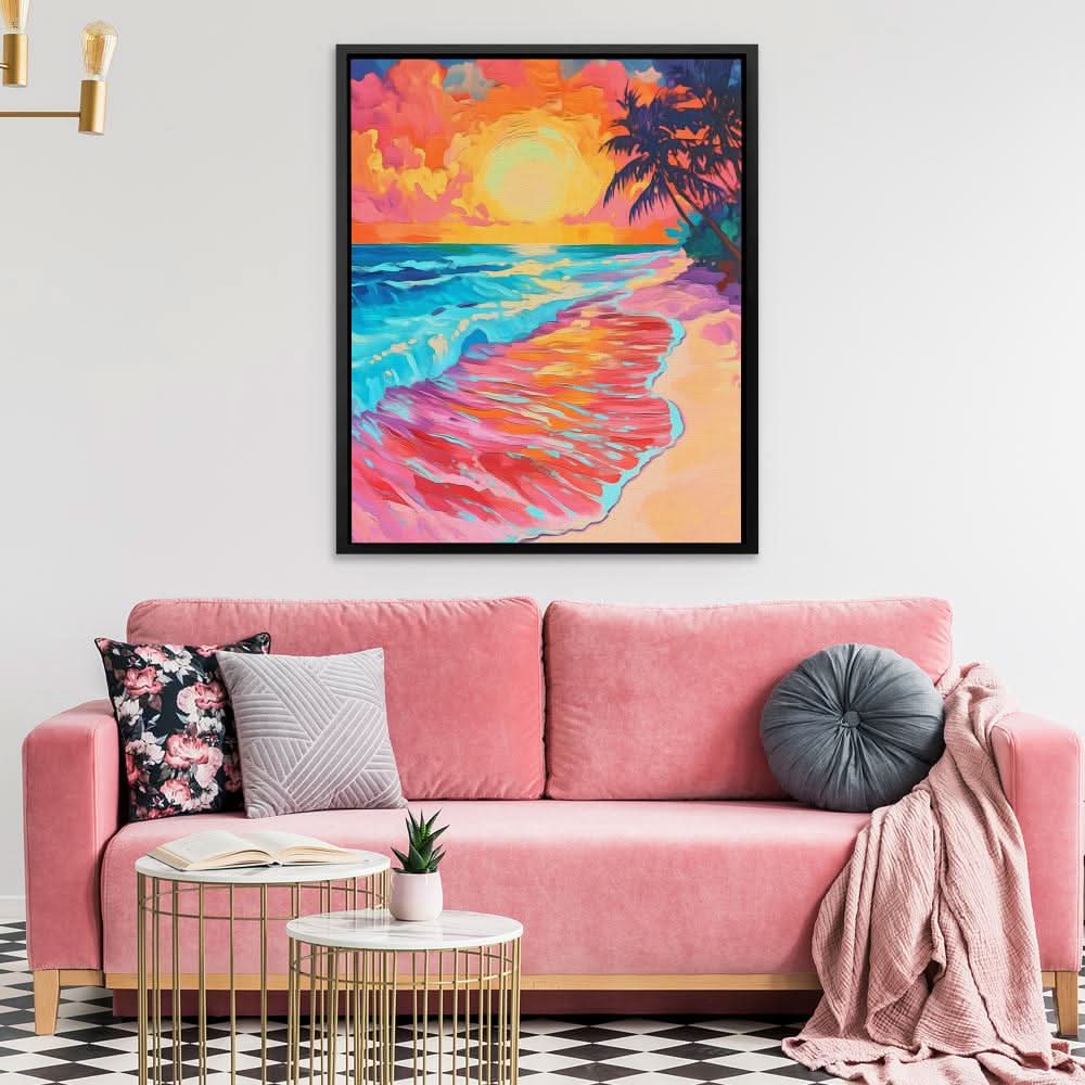 Crimson Shores - Coastal Wall Art in Black Frame