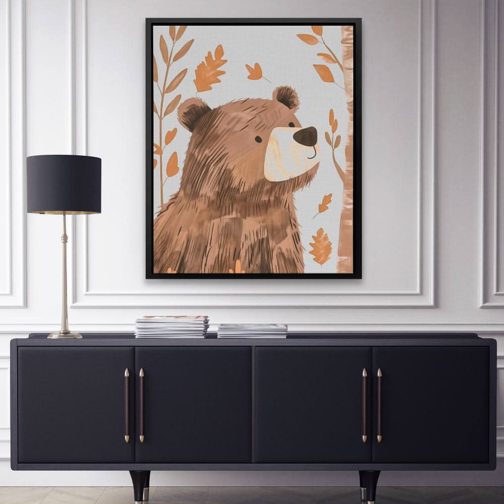 Curious Bear - Fun Wall Art in Black Frame