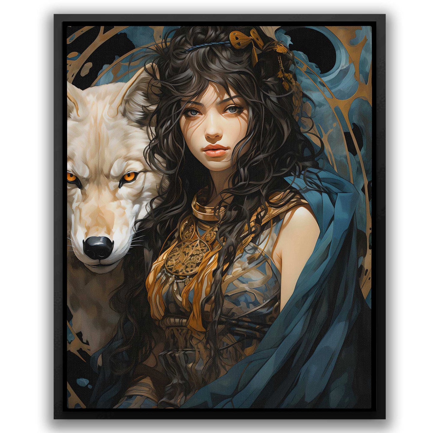 Cyan Canine - Wolf Wall Art in Black Frame