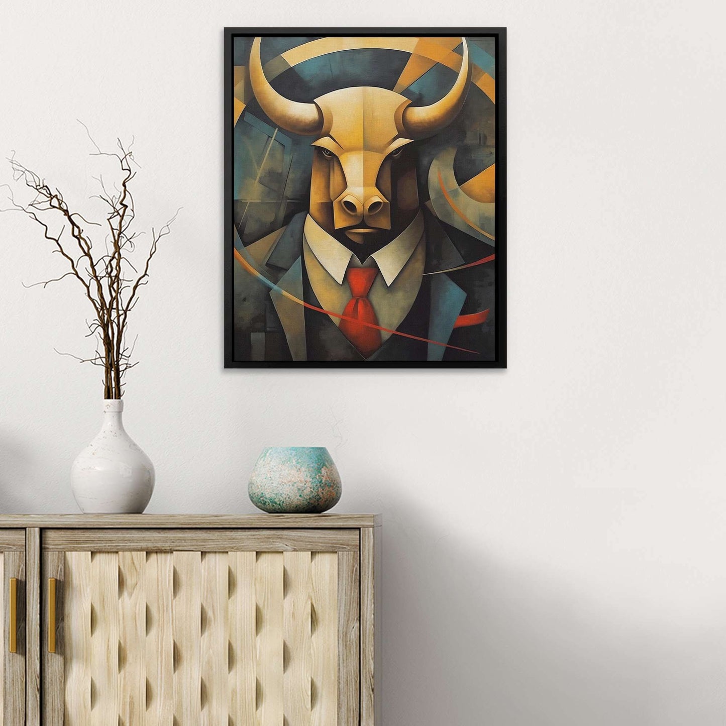 Dapper Bull - Geometric Beige Canvas Wall Art