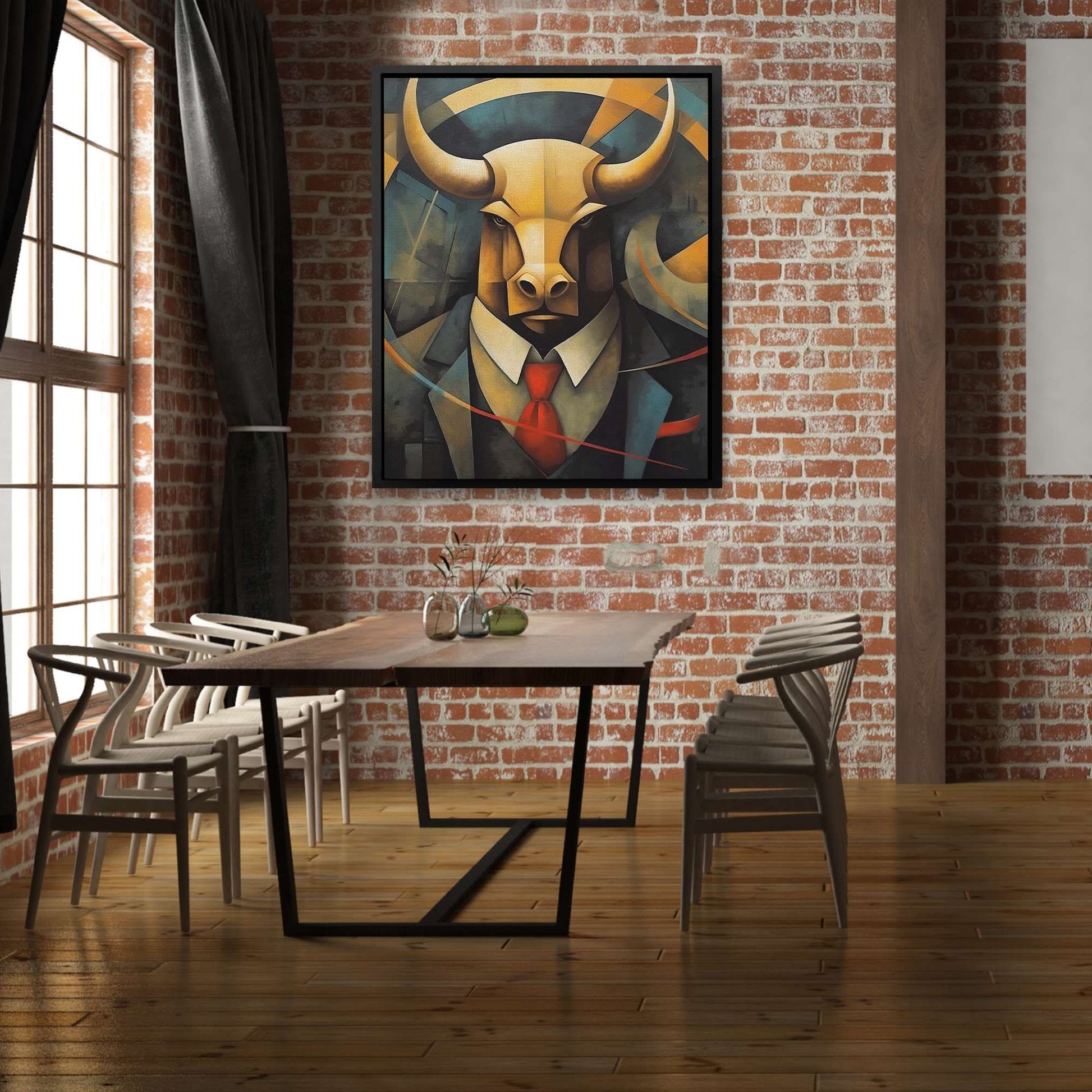 Dapper Bull - Geometric Wall Art in Black Frame