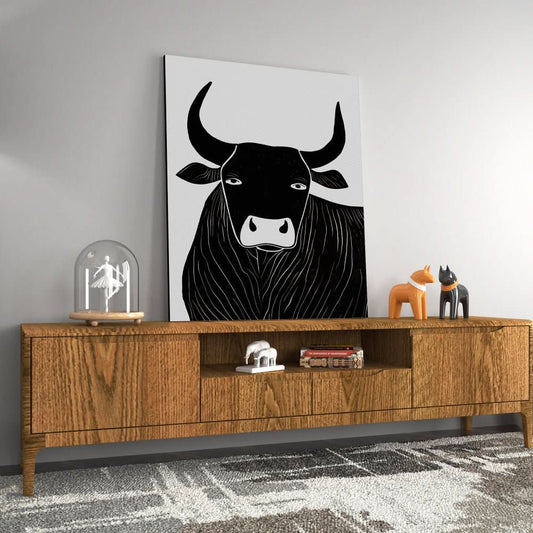 Dark Black Bull - Minimalist Wall Art in Black Frame