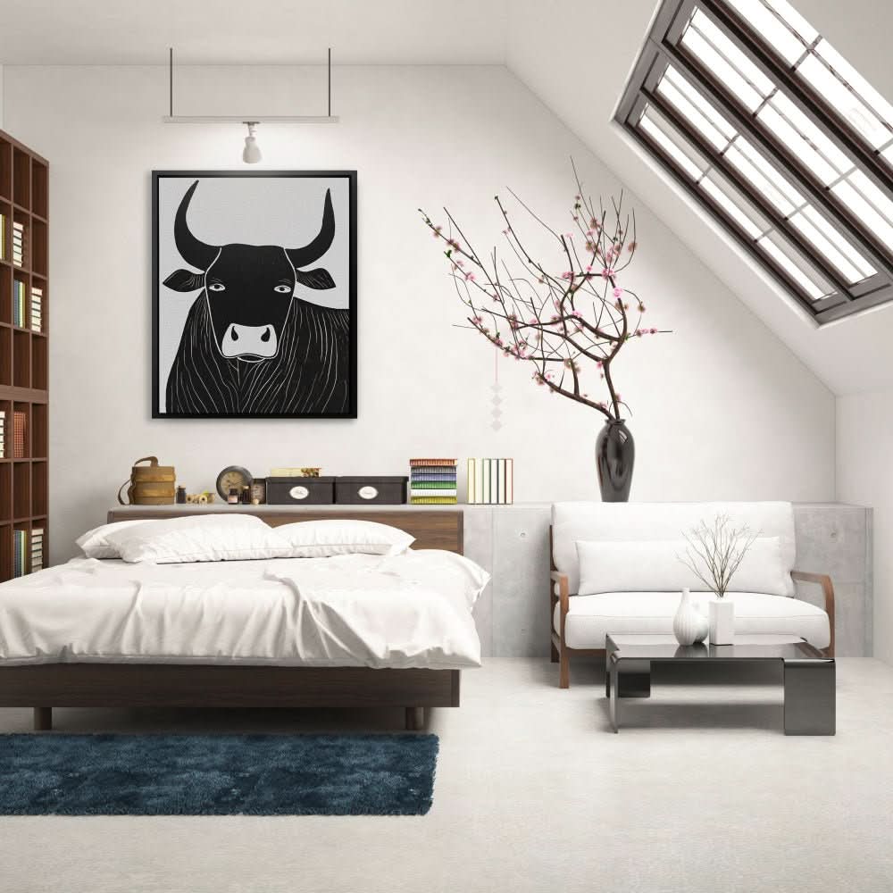 Dark Black Bull - Neutral Wall Art for Living Room