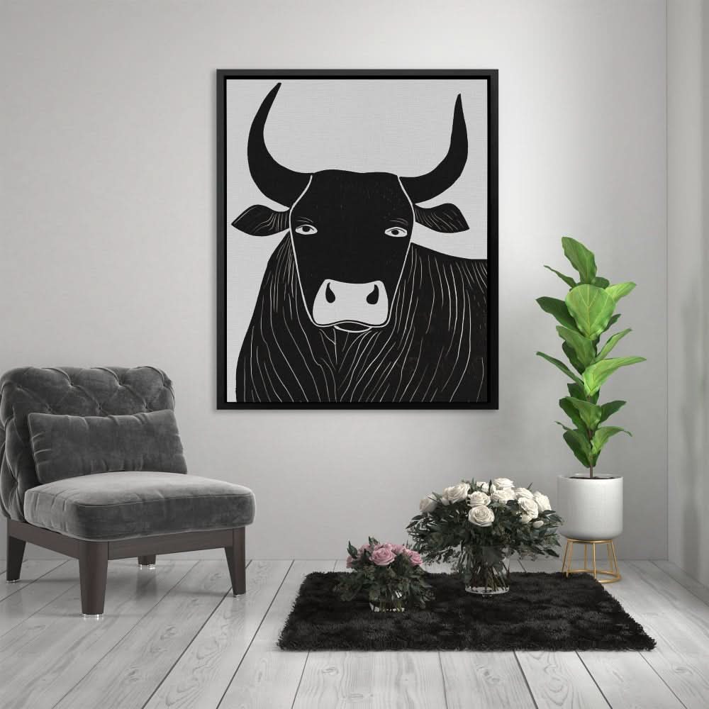 Dark Black Bull - Neutral Black and White Canvas Print