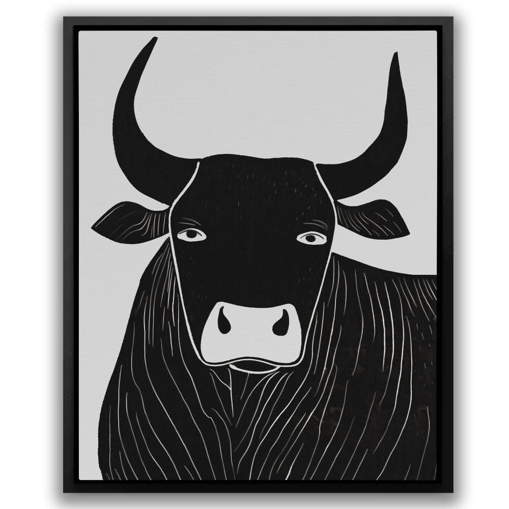 Dark Black Bull - Black and White Wall Art in Black Frame