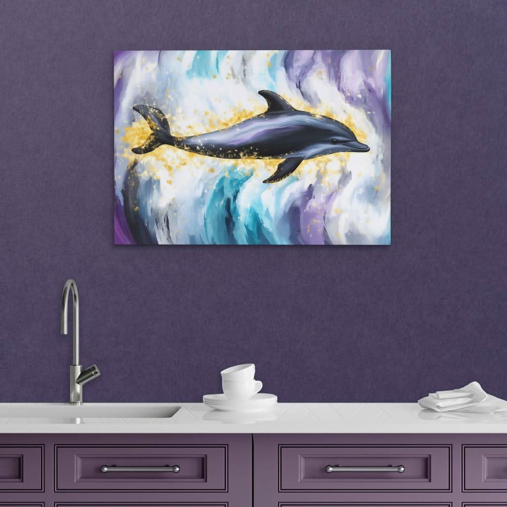 Dark Dolphin - Black and Gold Dolphin Canvas Print