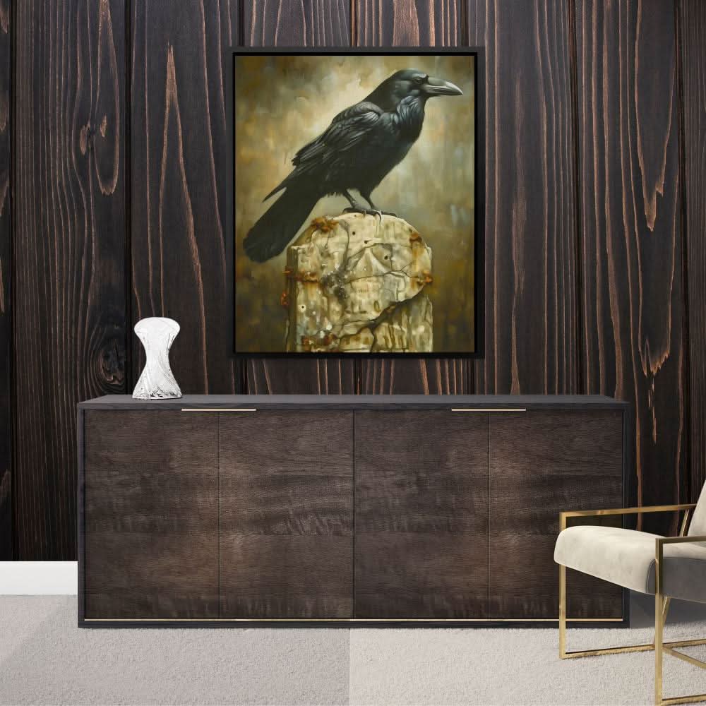 Dark Raven - Gray Wall Art in Black Frame