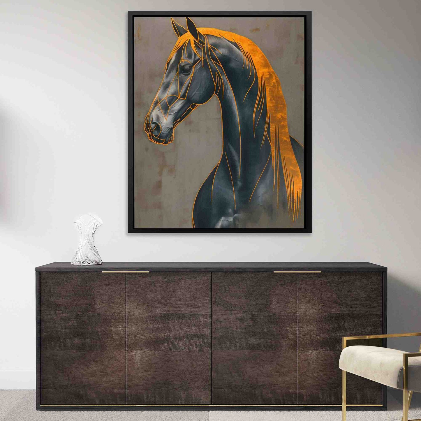 Decorated Gold Horse - Abstract Wall Art in Black Frame
