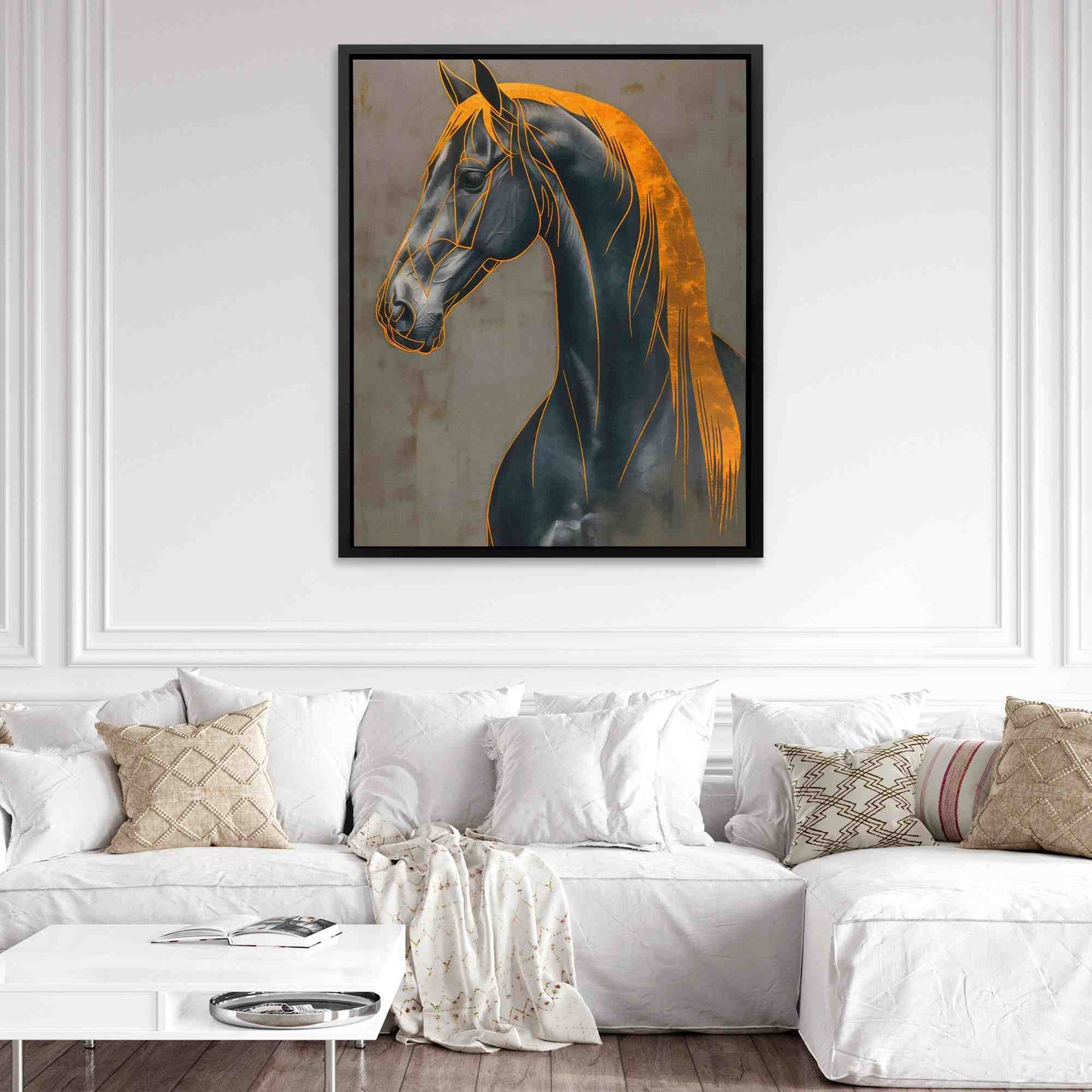 Decorated Gold Horse - Horse Wall Art in Black Frame
