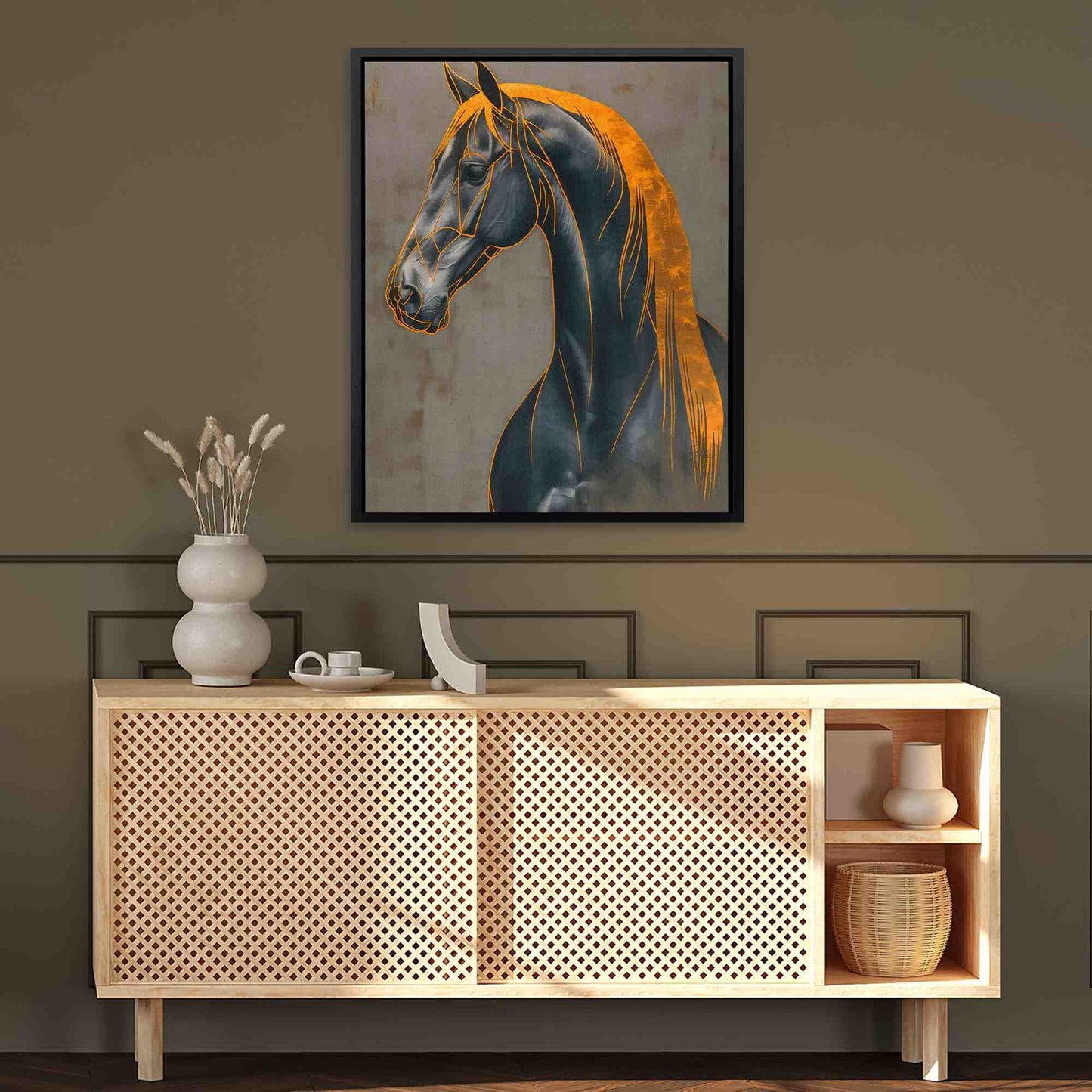 Decorated Gold Horse - Abstract Black and Gold Canvas Wall Art
