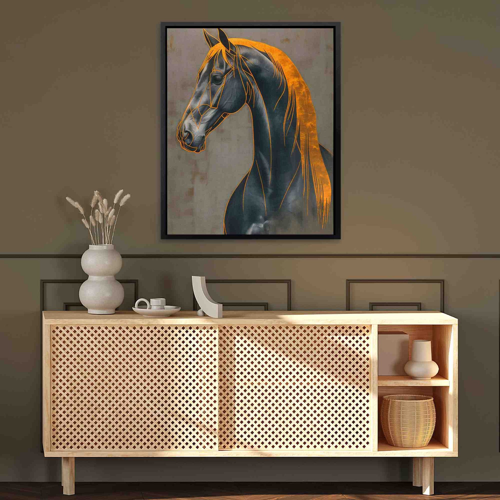 Decorated Gold Horse - Abstract Black and Gold Canvas Wall Art