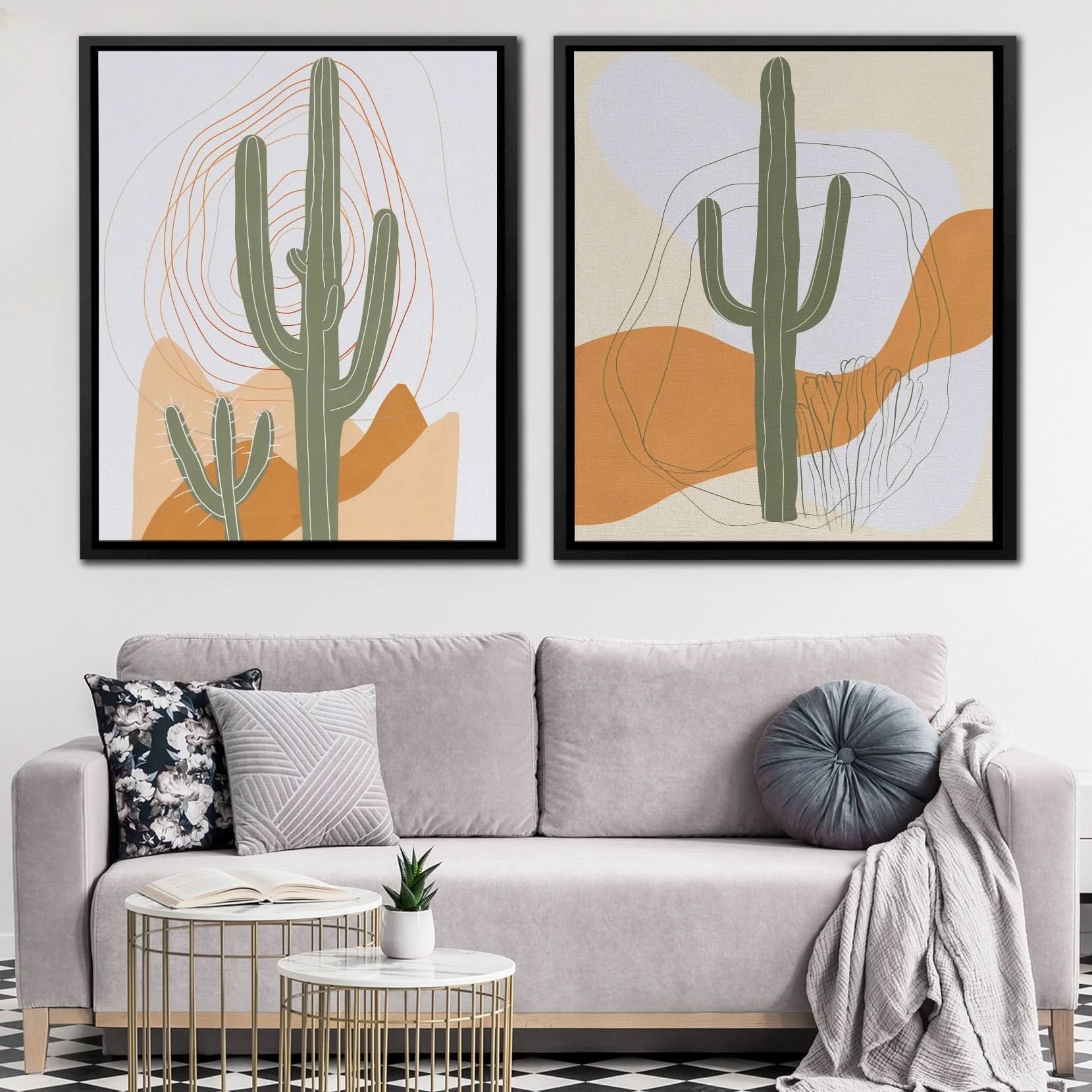 Desert Cactus Duo - Bohemian Wall Art in Black Frame