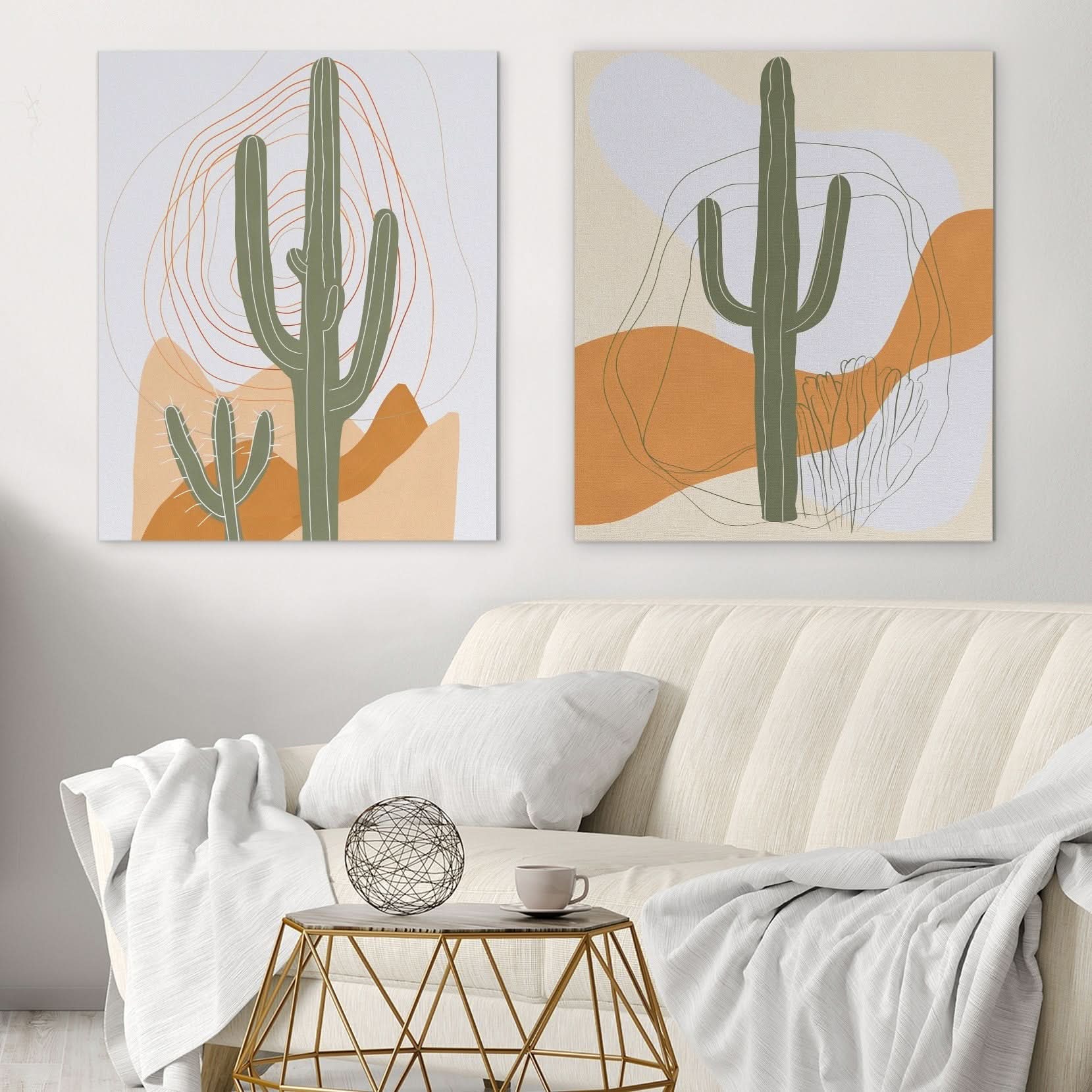 Desert Cactus Duo - Earth Tones Wall Art for Hallway