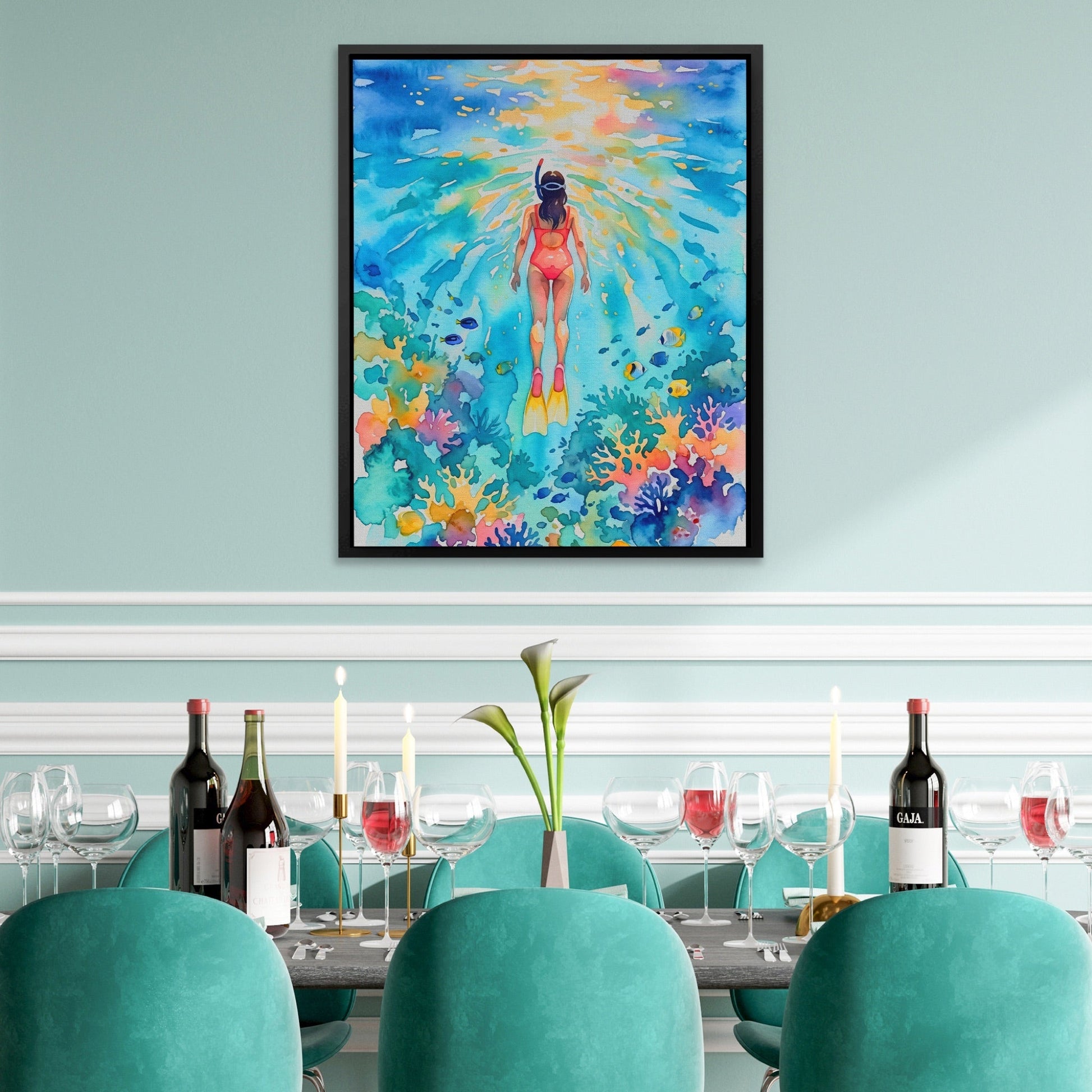 Diver Watercolor Reef