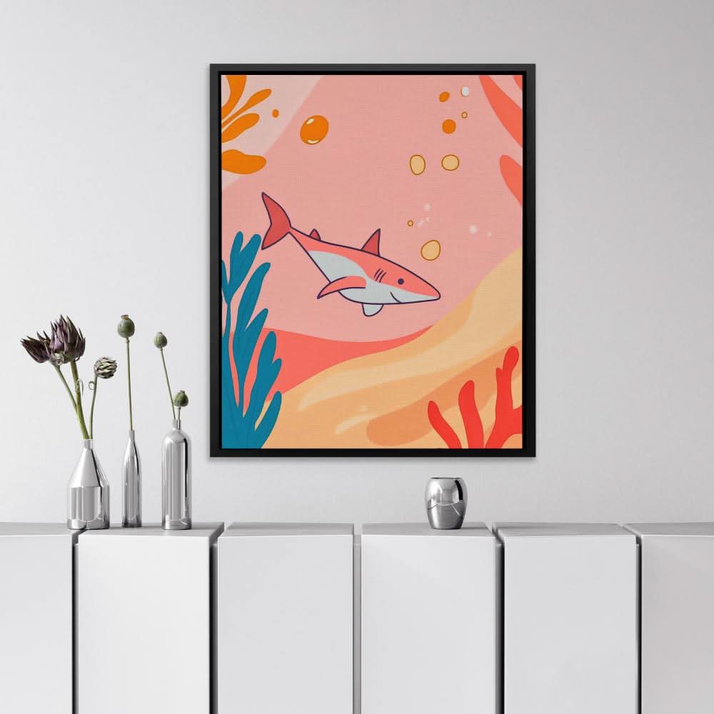 Diving Pink Shark - Coastal Wall Art in Black Frame