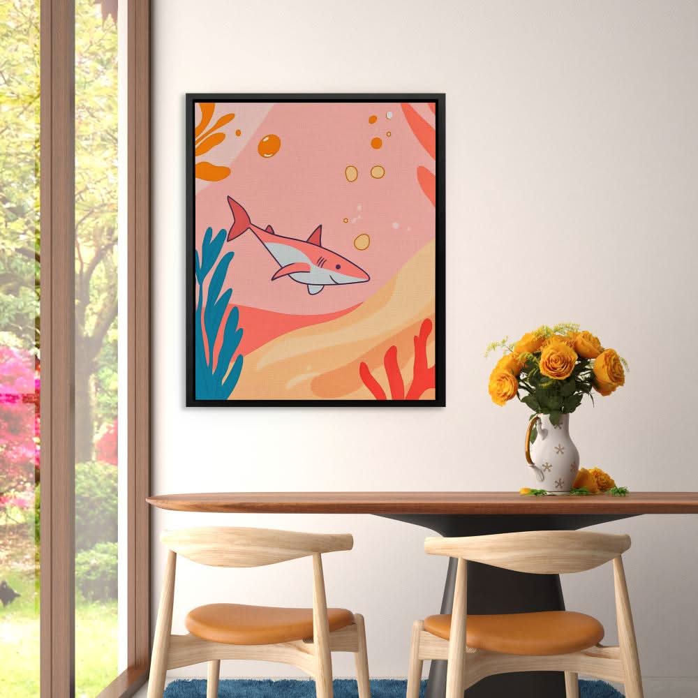 Diving Pink Shark - Modern Wall Art in Black Frame