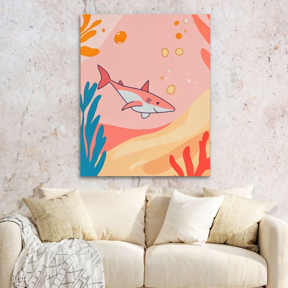 Diving Pink Shark - Colorful Coastal Canvas Print