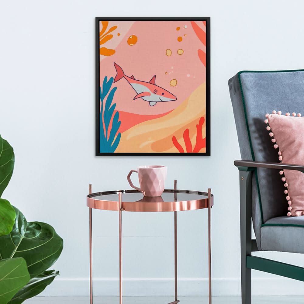 Diving Pink Shark - Cartoon Art for Bathroom