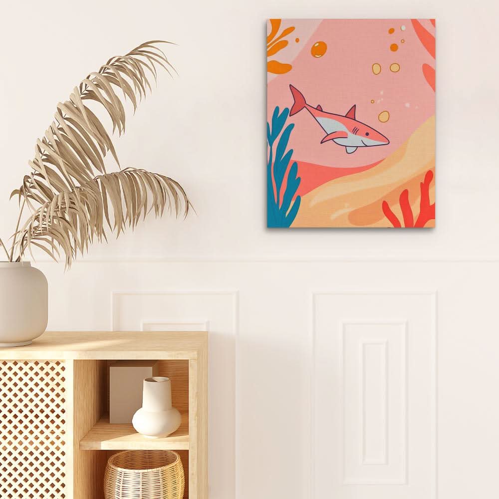 Diving Pink Shark - Colorful Wall Art for Kids Room