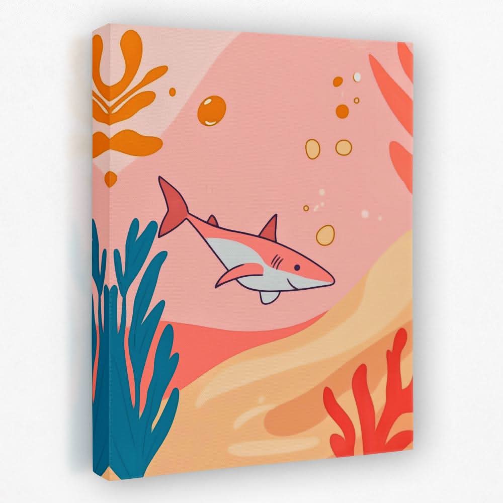 Diving Pink Shark - Cartoon Canvas Wall Art