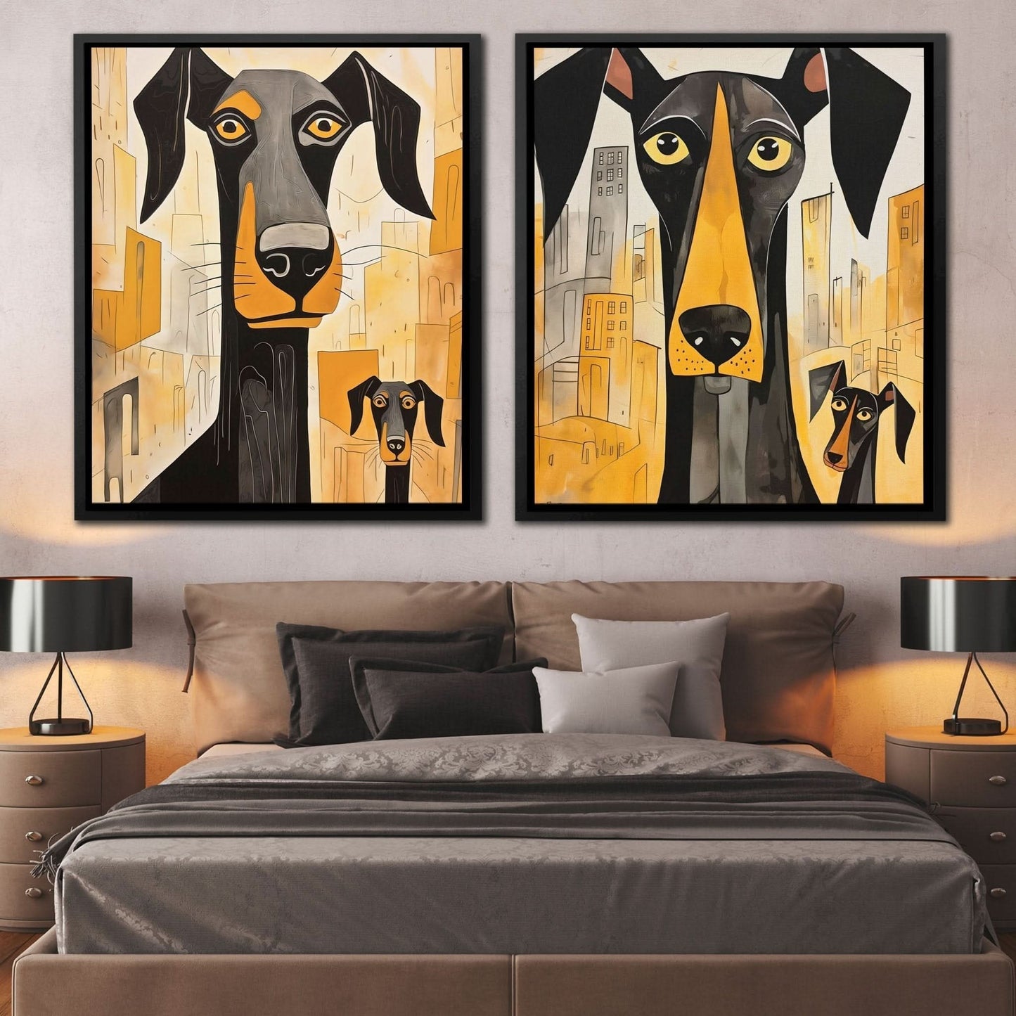 Doberman Pack Canvas (2) Set - Wall Art in Black Frame