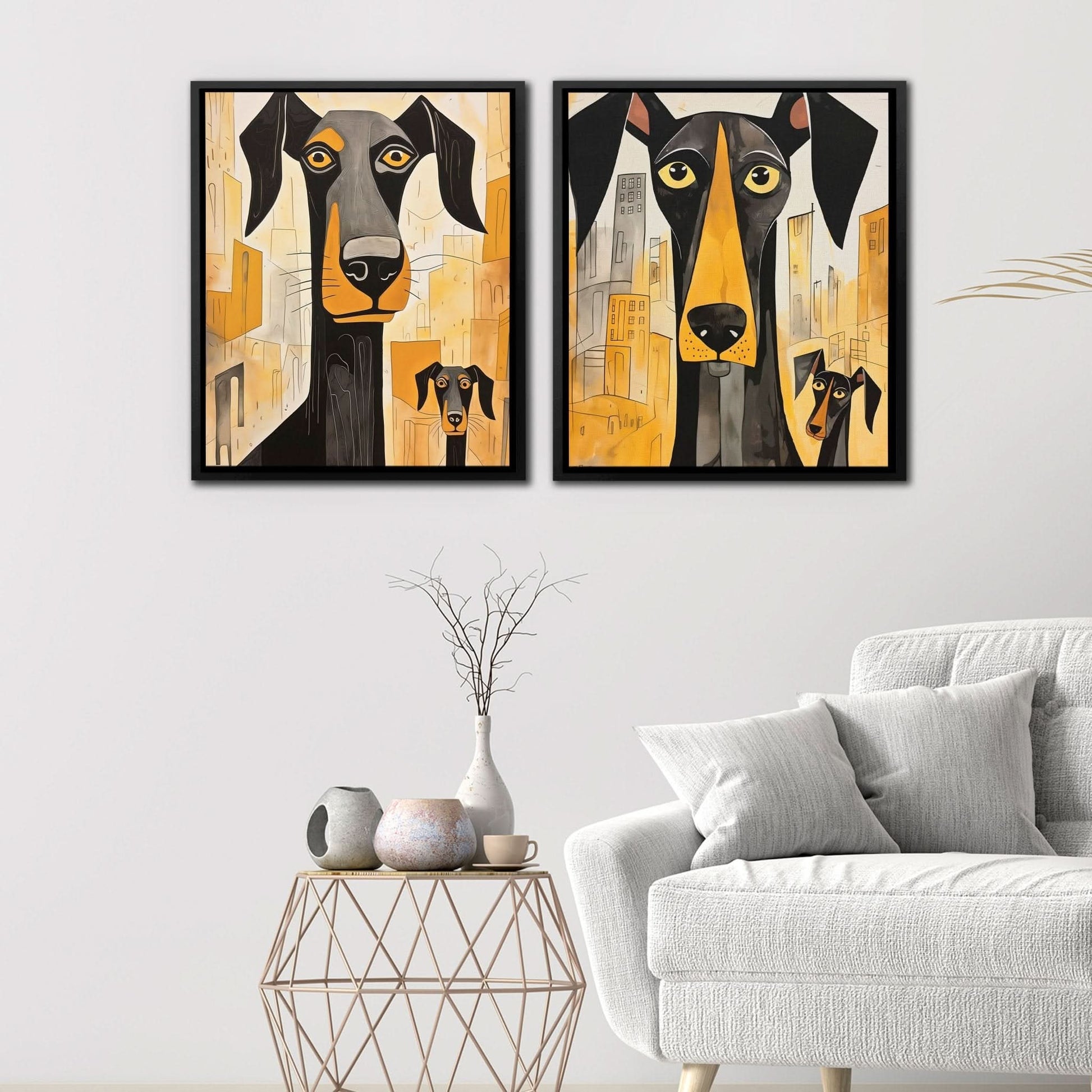 Doberman Pack Canvas (2) Set - Doberman Wall Art in Black Frame