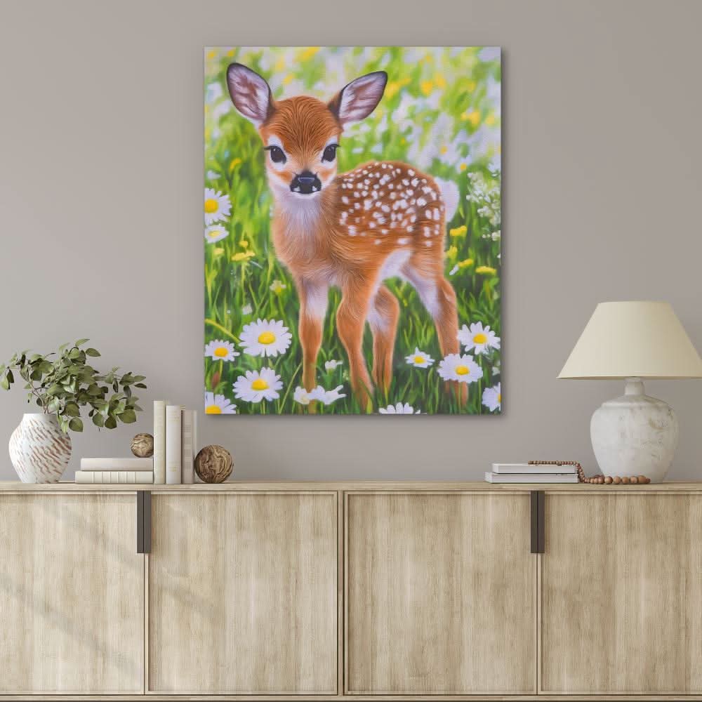 Doe in Daisies - Brown Wall Art for Living Room