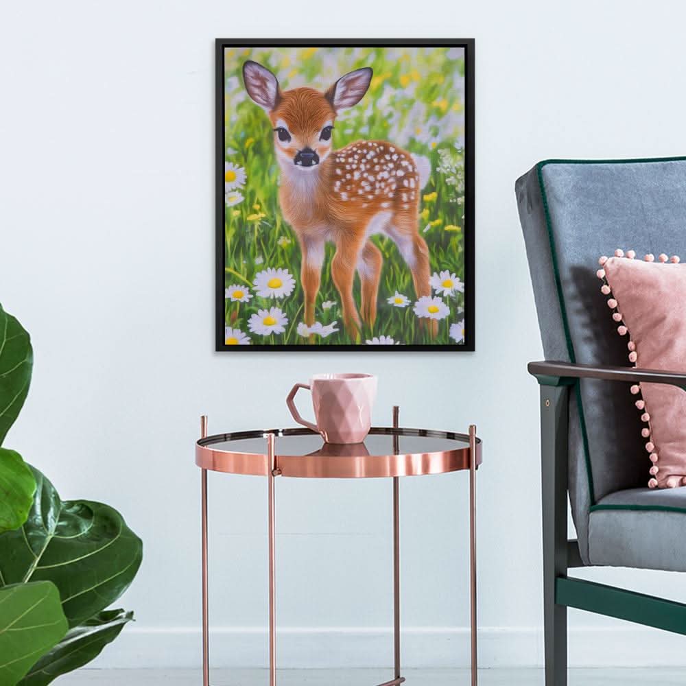Doe in Daisies - Contemporary Wall Art in Black Frame